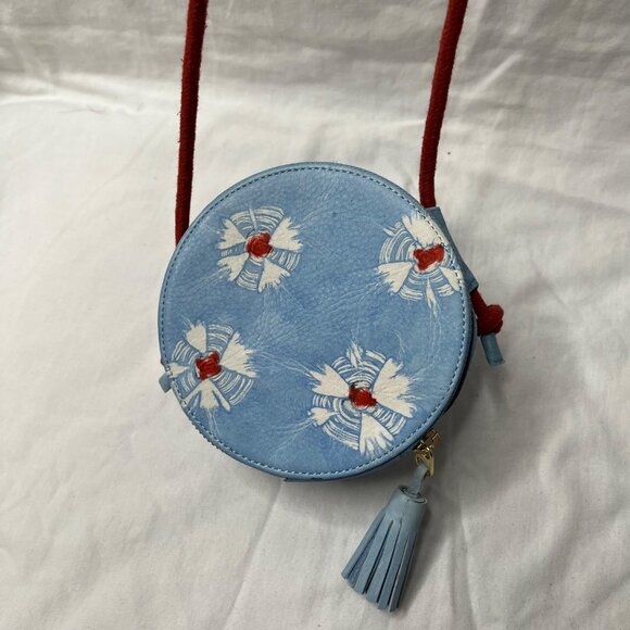 Anthropologie Shibori Round Blue Dyed Leather Boho Crossbody Bag purse - Picture 8 of 10